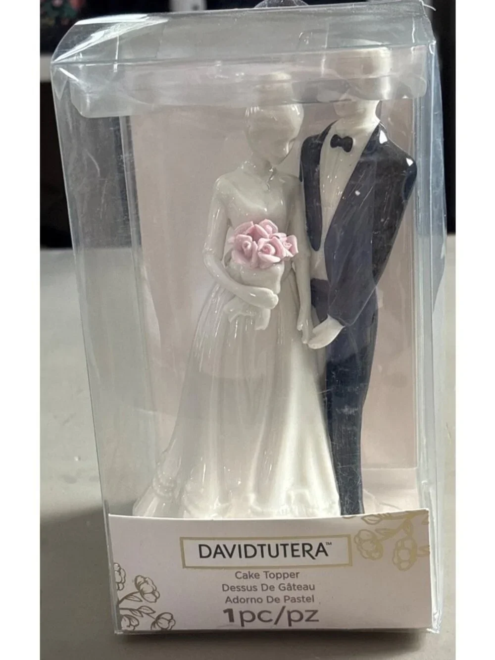 David Tutera Bride & Groom Wedding Cake Topper Figurine Pink & White Roses